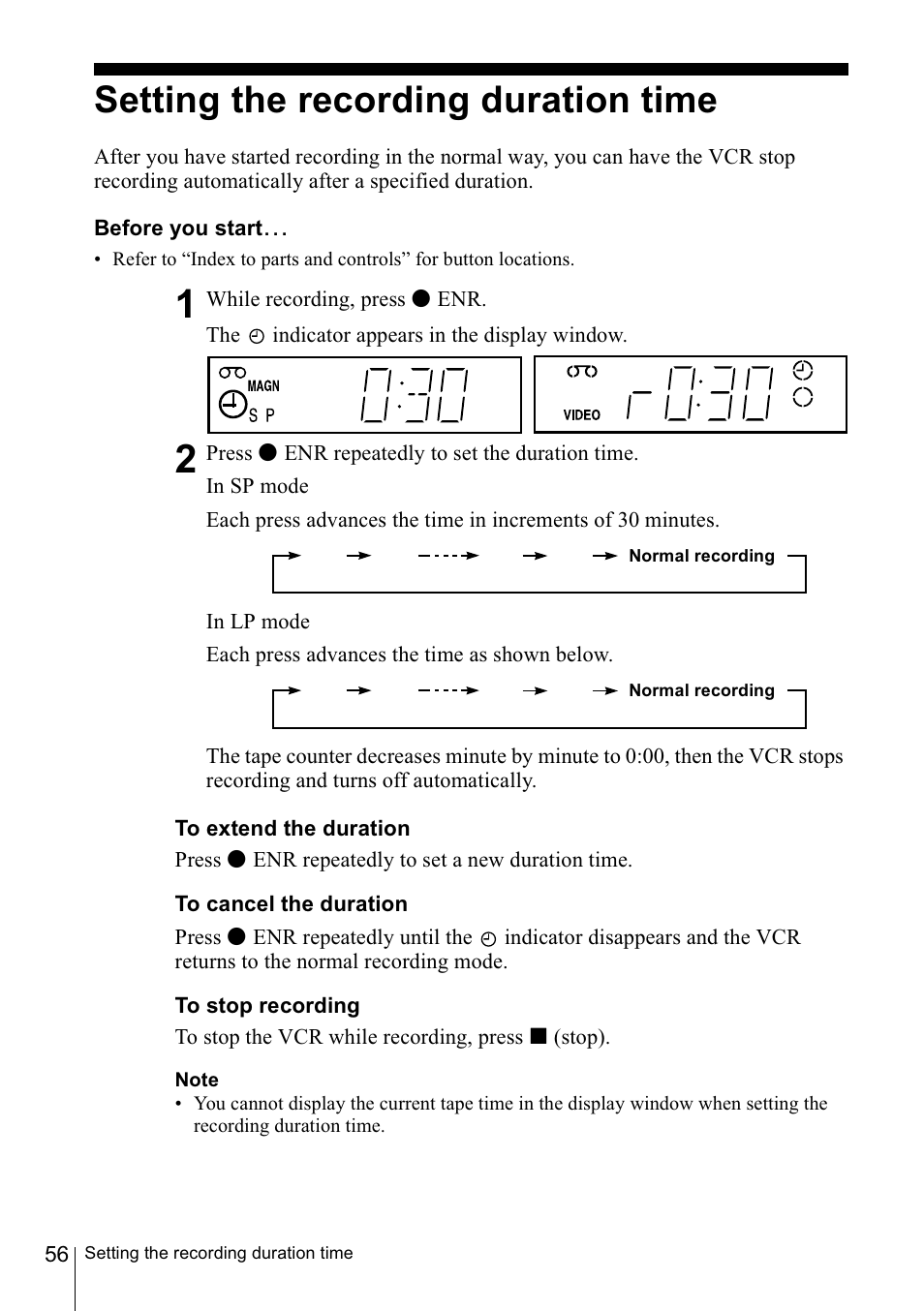 Before you starts, To extend the duration, To cancel the duration | To stop recording, Note, Setting the recording duration time, Ij - j i j, I ij - j ij | Sony SLV-SE220B User Manual | Page 56 / 80