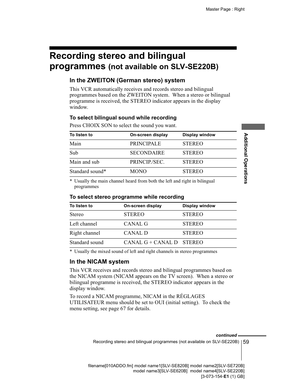 To select bilingual sound while recording, R (59), Recording stereo and bilingual programmes | Not available on slv-se220b) | Sony SLV-SE220B User Manual | Page 59 / 80
