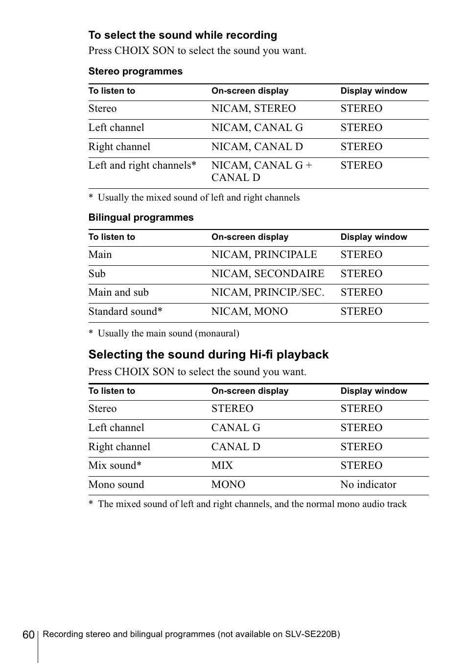 To select the sound while recording, Stereo programmes | Sony SLV-SE220B User Manual | Page 60 / 80