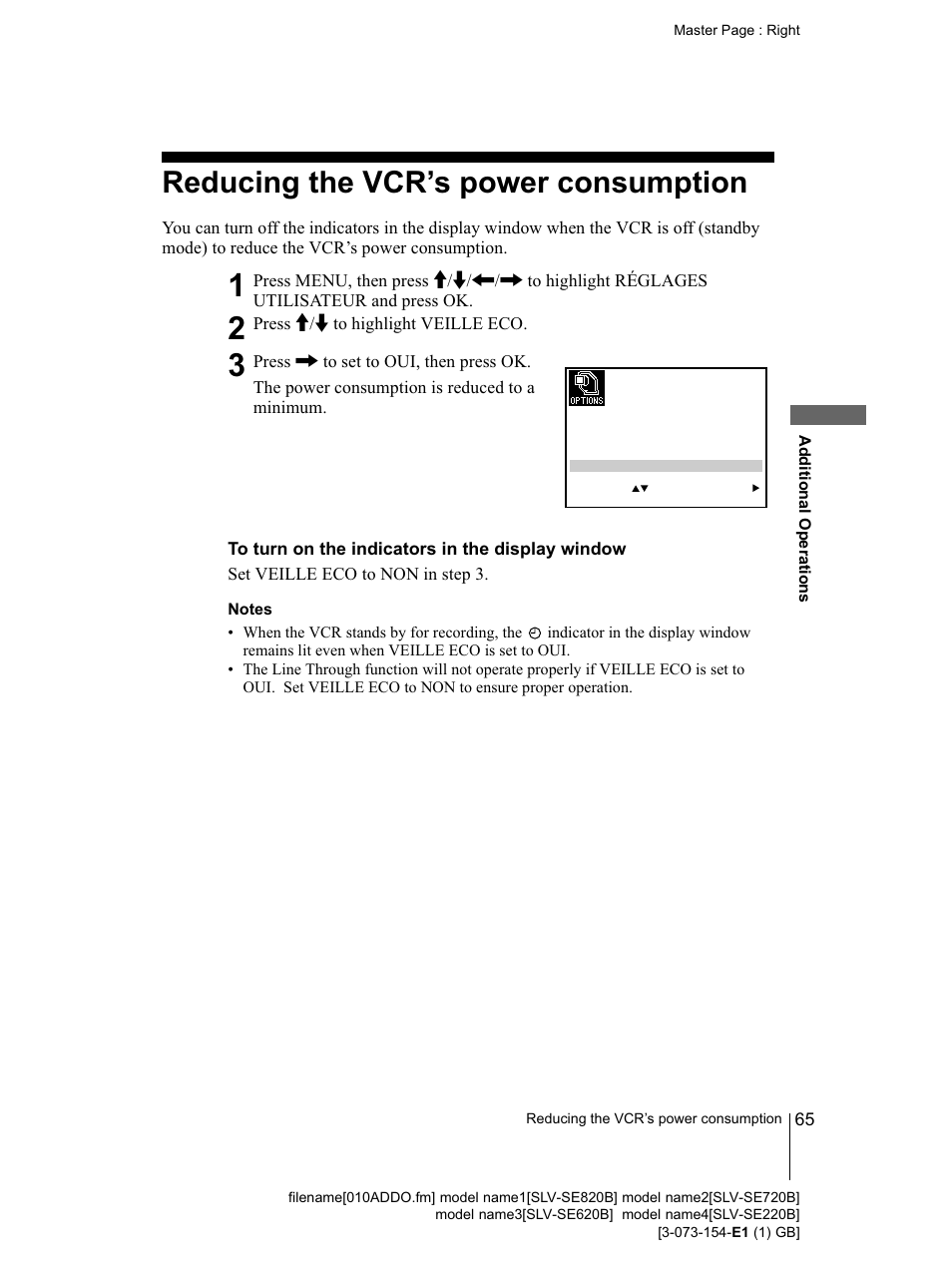 To turn on the indicators in the dispiay window, Notes, Reducing the vcr’s power consumption | Sony SLV-SE220B User Manual | Page 65 / 80