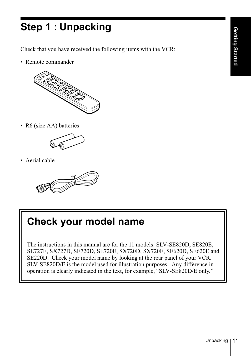 Step 1 : unpacking, Check your model name, 11 step 1 : unpacking | Sony SLV-SE220D User Manual | Page 11 / 80