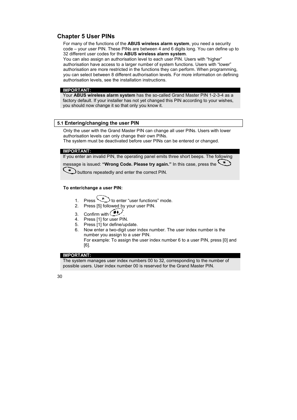 Chapter 5 user pins | ABUS FU9001 Privest Wireless Alarm Base Set Operating instructions User Manual | Page 34 / 56