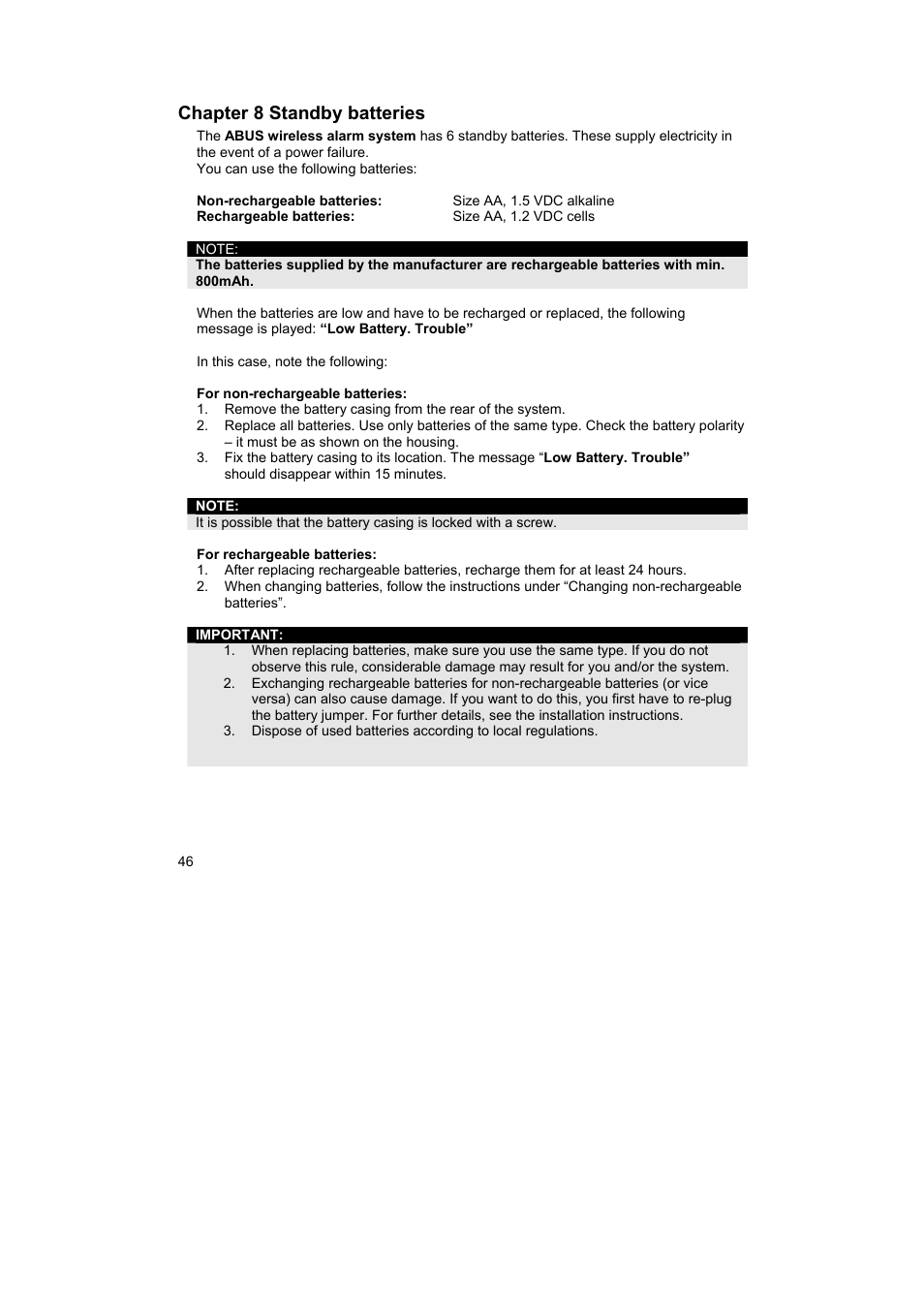 Chapter 8 standby batteries | ABUS FU9001 Privest Wireless Alarm Base Set Operating instructions User Manual | Page 50 / 56