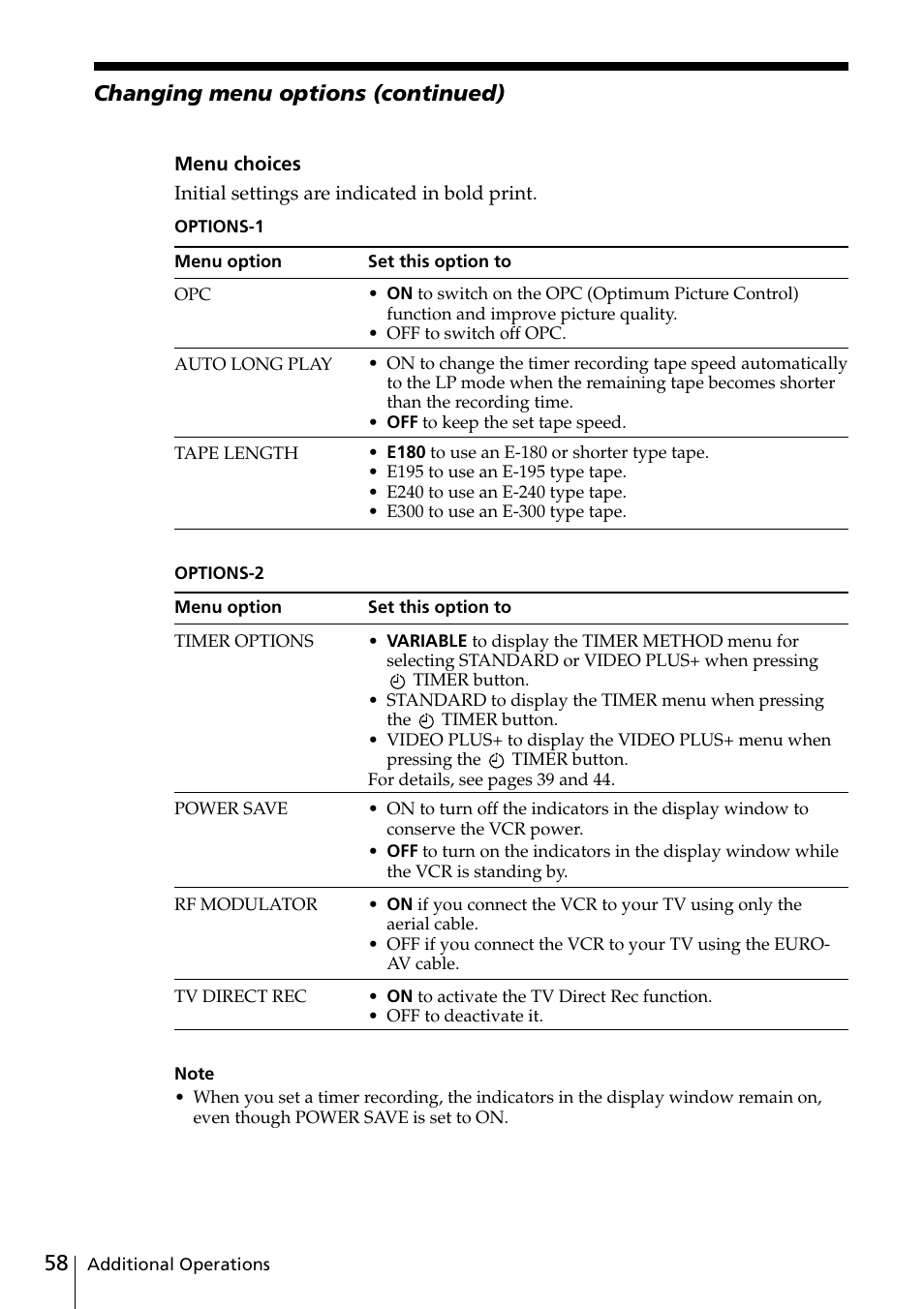 Changing menu options (continued) | Sony SLV-SE20UX User Manual | Page 58 / 72