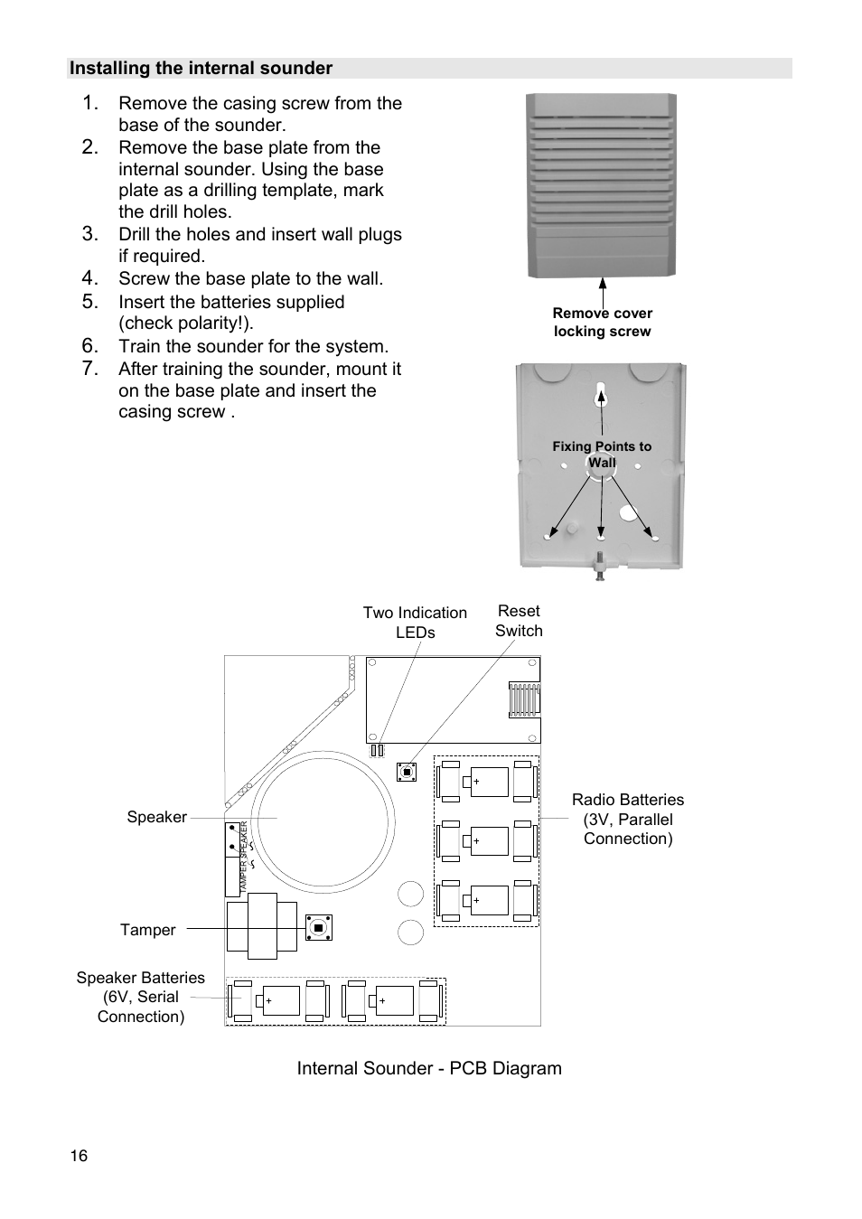 Installing the internal sounder, Drill the holes and insert wall plugs if required, Screw the base plate to the wall | Insert the batteries supplied (check polarity!), Train the sounder for the system, Internal sounder - pcb diagram | ABUS FU9080 Privest Wireless Outdoor Siren User Manual | Page 16 / 56