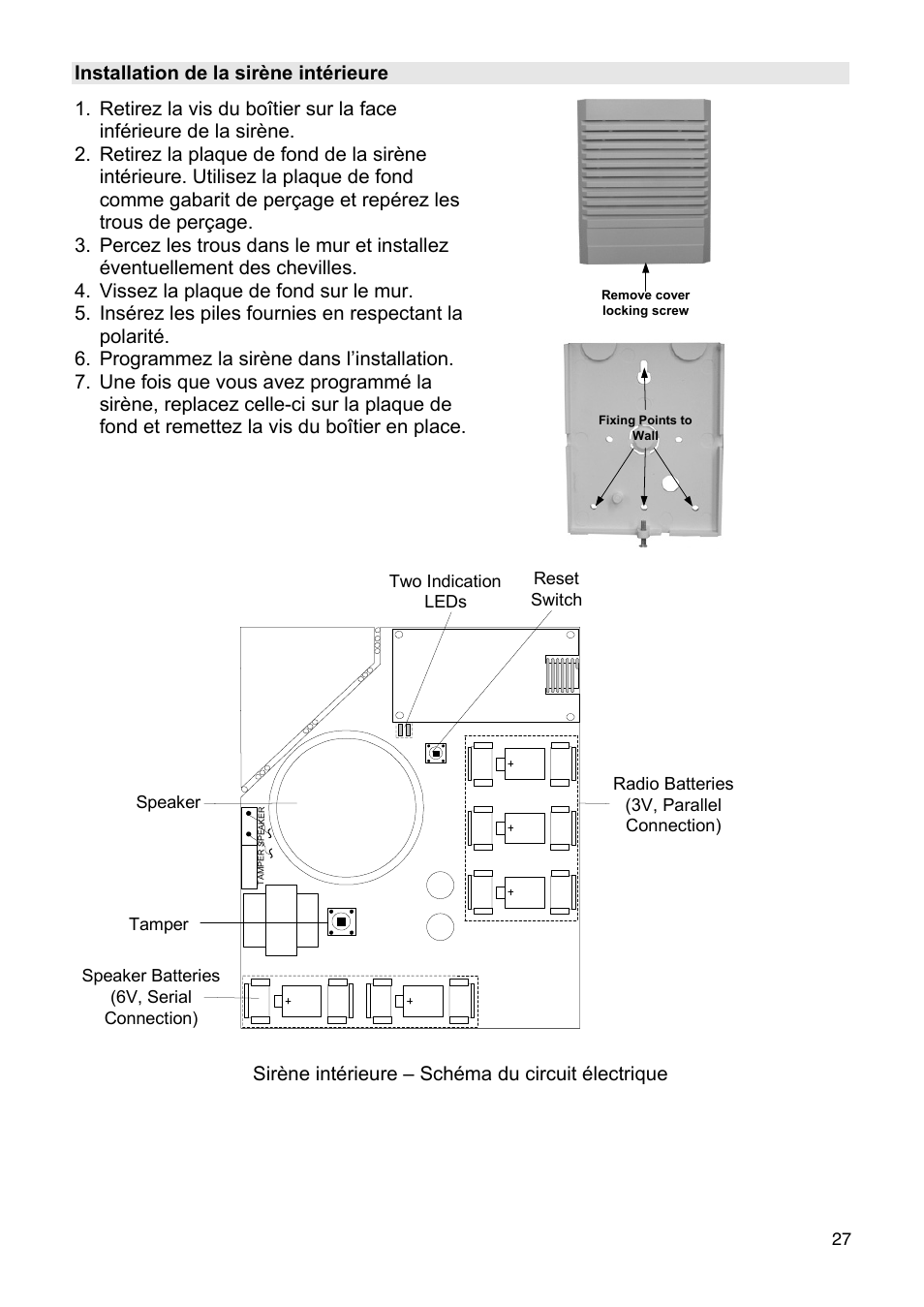 Installation de la sirène intérieure, Sirène intérieure – schéma du circuit électrique | ABUS FU9080 Privest Wireless Outdoor Siren User Manual | Page 27 / 56