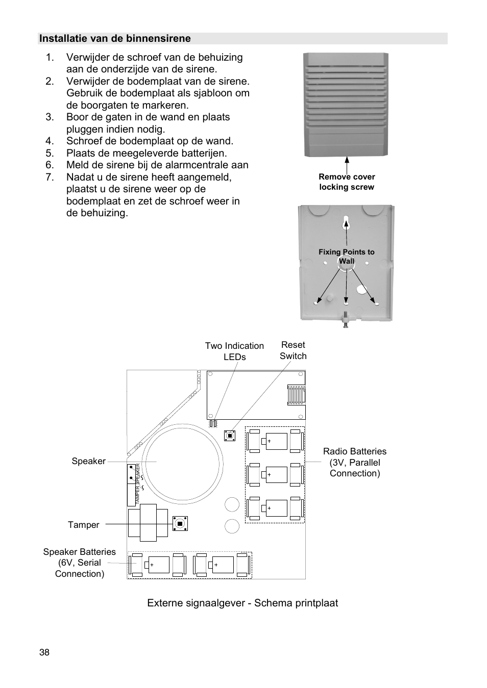 Installatie van de binnensirene, Externe signaalgever - schema printplaat | ABUS FU9080 Privest Wireless Outdoor Siren User Manual | Page 38 / 56