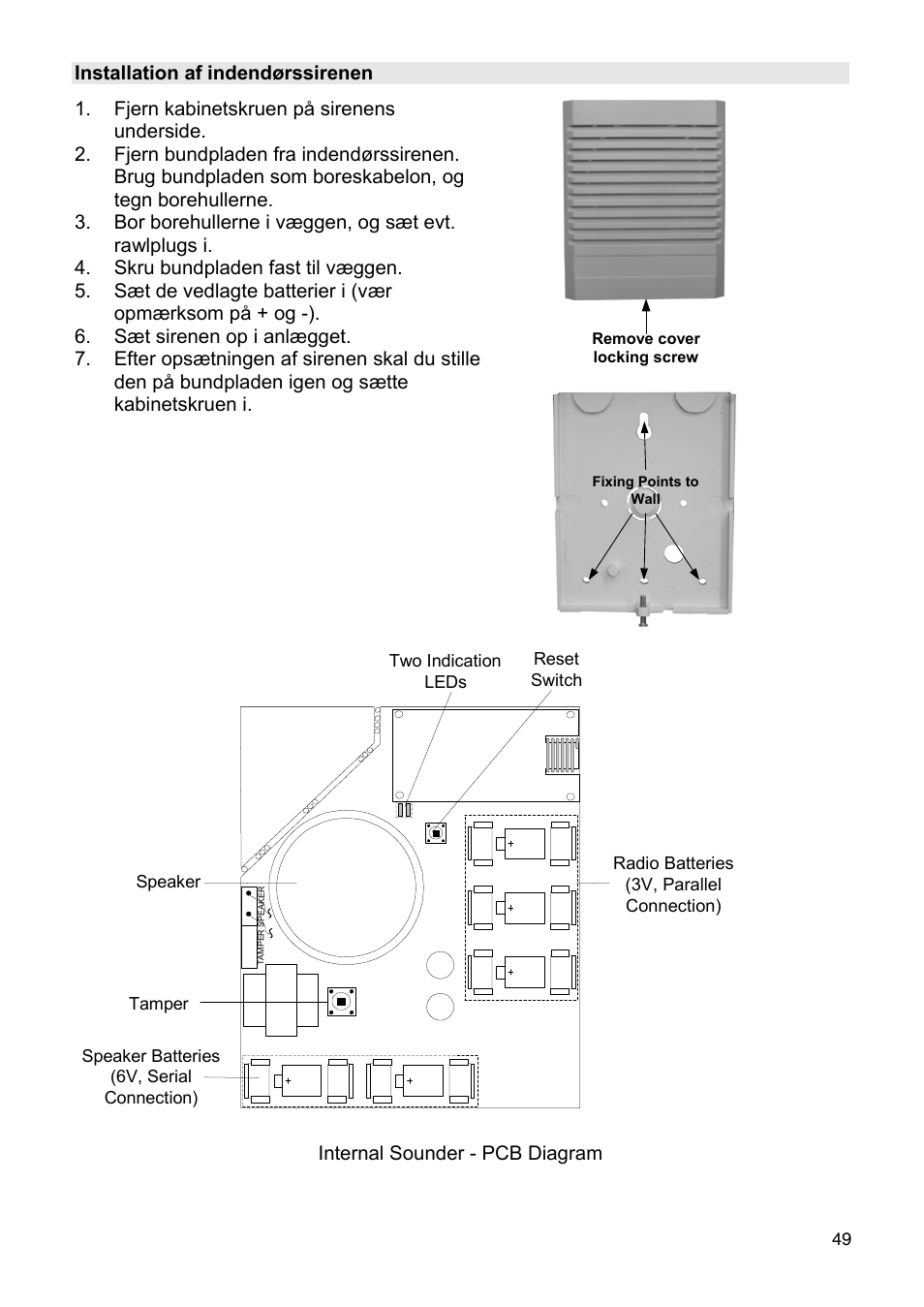Installation af indendørssirenen, Internal sounder - pcb diagram | ABUS FU9080 Privest Wireless Outdoor Siren User Manual | Page 49 / 56