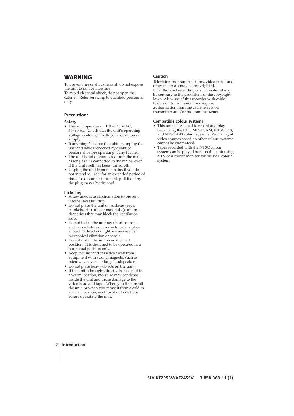 Warning | Sony SLV-KF295SV User Manual | Page 2 / 28