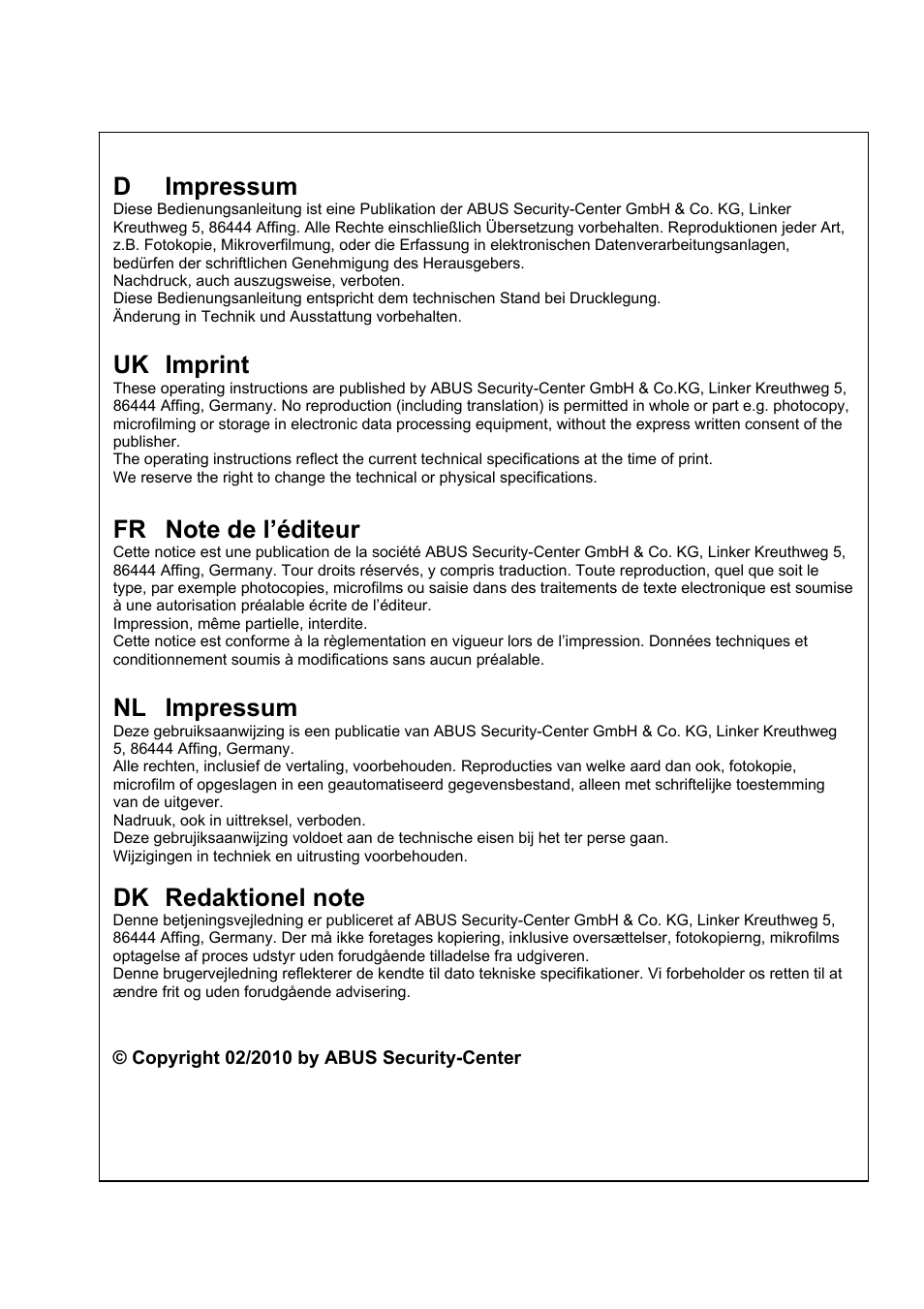 D impressum, Uk imprint, Nl impressum | ABUS TVCC40000–TVCC40030 User Manual | Page 62 / 62