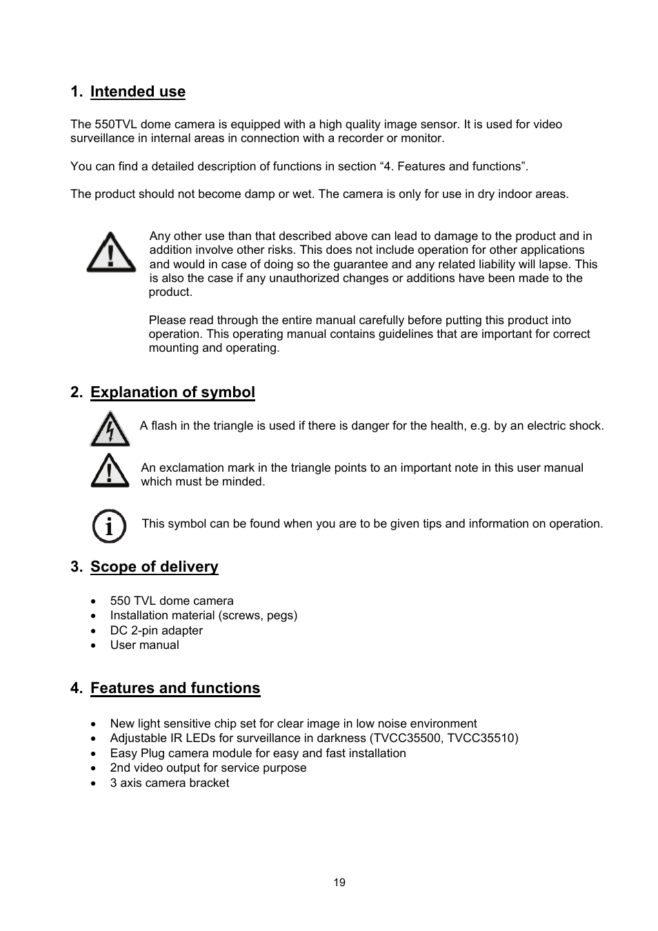 Intended use, Explanation of symbol, Scope of delivery | Features and functions | ABUS TVCC35510 User Manual | Page 19 / 63