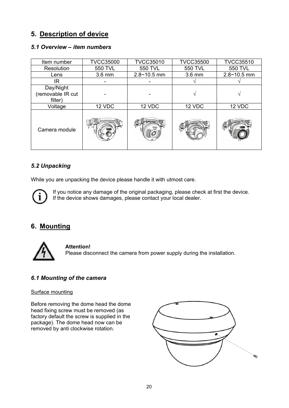 Description of device, Mounting | ABUS TVCC35510 User Manual | Page 20 / 63