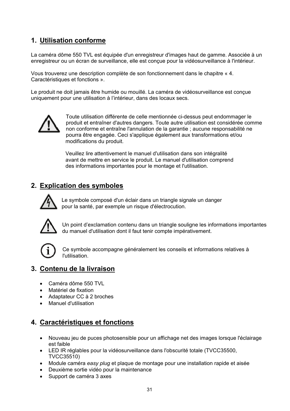 Utilisation conforme, Explication des symboles, Contenu de la livraison | Caractéristiques et fonctions | ABUS TVCC35510 User Manual | Page 31 / 63