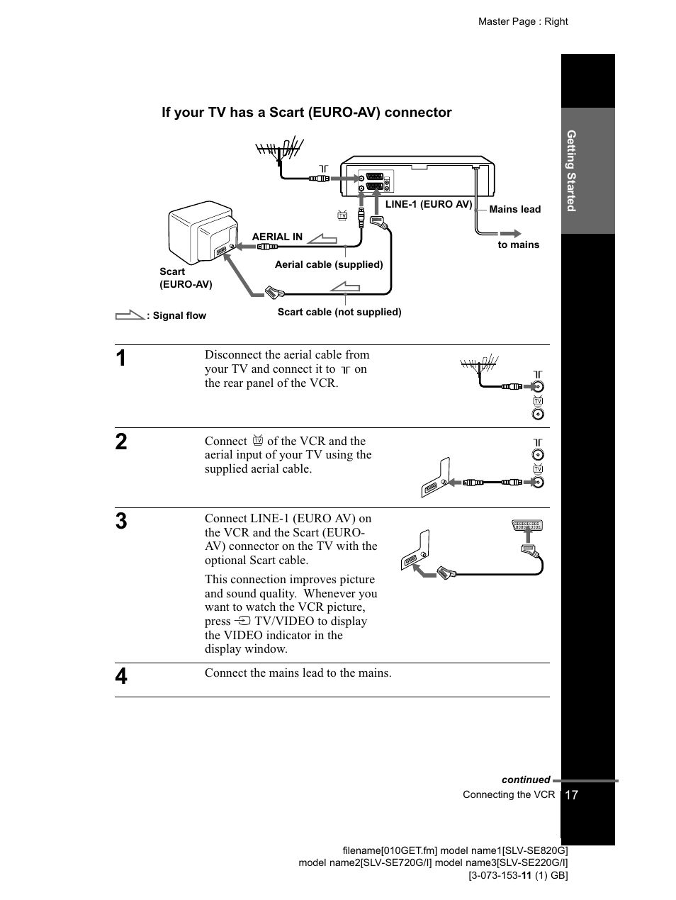 Ifyour tv has a scart (euro-av) connector, E video indicator (17) (37), E line-1 (euro av) connector (17) | Sony SLV-SE220G User Manual | Page 17 / 76