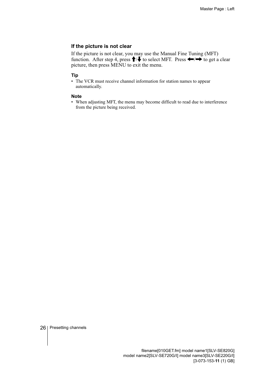 If the picture is not clear, Note | Sony SLV-SE220G User Manual | Page 26 / 76