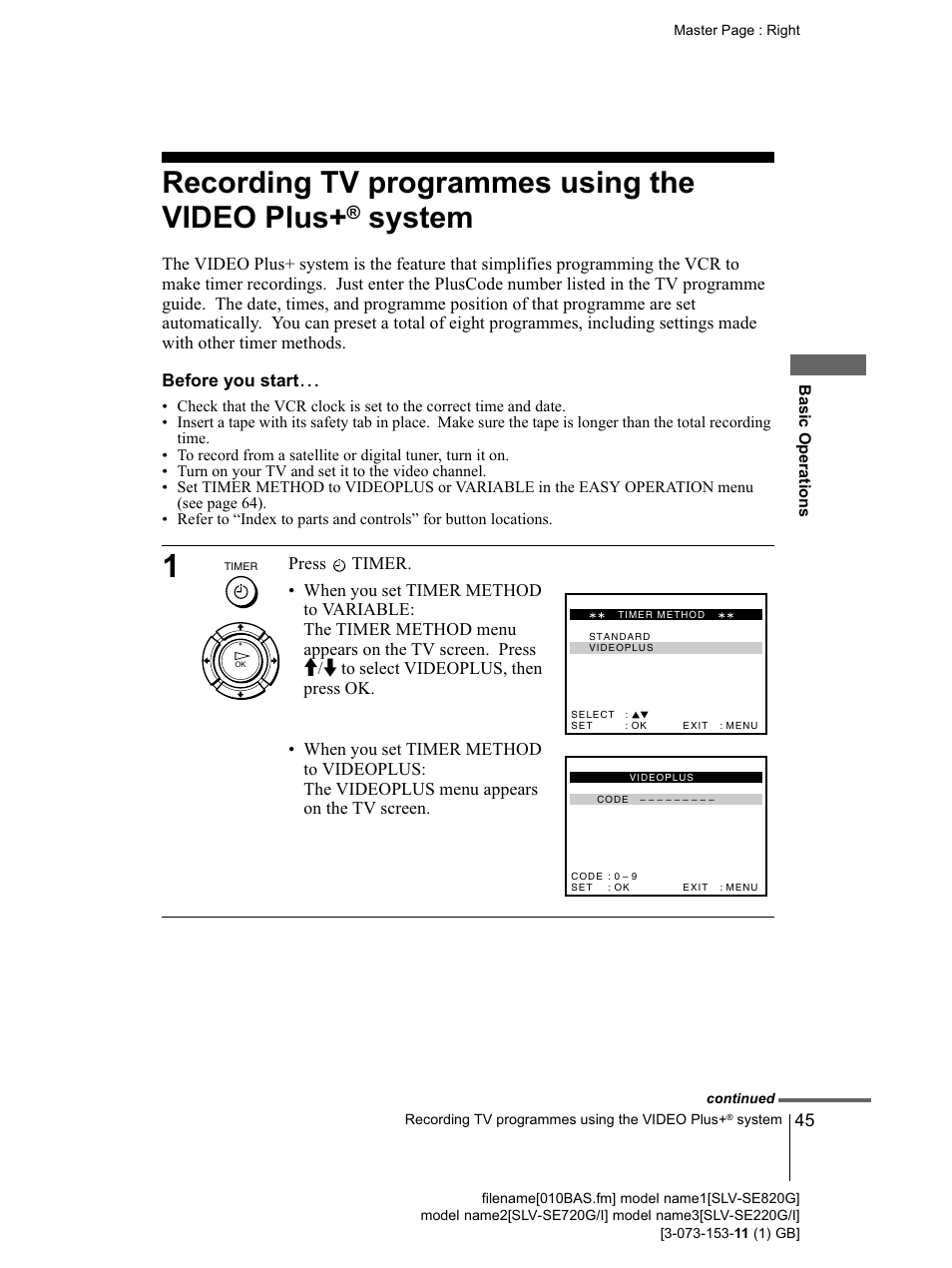 Before you starts, 45 recording tv programmes using | Sony SLV-SE220G User Manual | Page 45 / 76