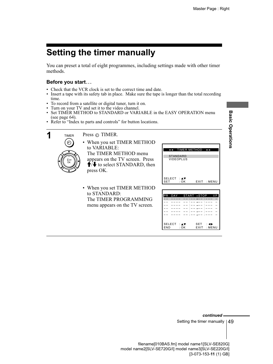 Setting the timer manually, Before you starts, 49 setting the timer manually | Sony SLV-SE220G User Manual | Page 49 / 76