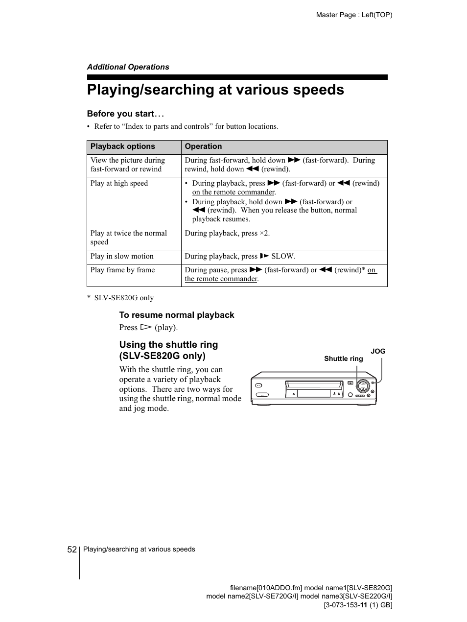 Playing/searching at various speeds, Before you starts, To resume normal playback | Using the shuttle ring (slv-se820g only), Additional operations, G (52), Jog button (52) | Sony SLV-SE220G User Manual | Page 52 / 76