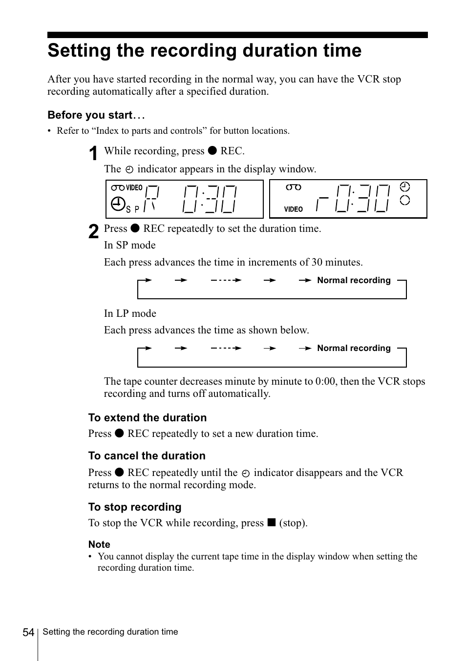 Setting the recording duration time, Before you starts, To extend the duration | To cancel the duration, To stop recording, Note, U - j i j, I i j - j i j | Sony SLV-SE220G User Manual | Page 54 / 76