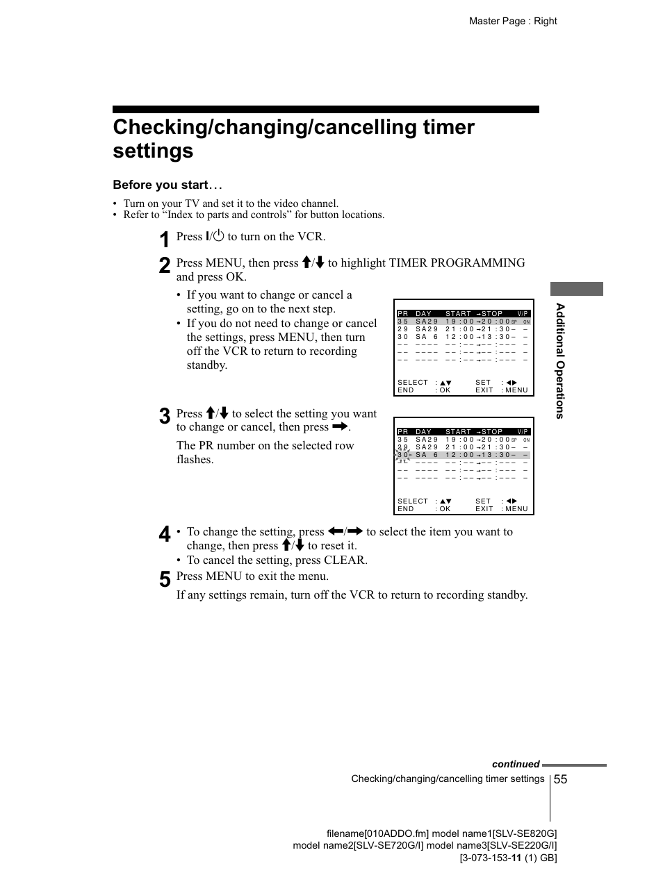 Checking/changing/cancelling timer settings, Before you starts | Sony SLV-SE220G User Manual | Page 55 / 76