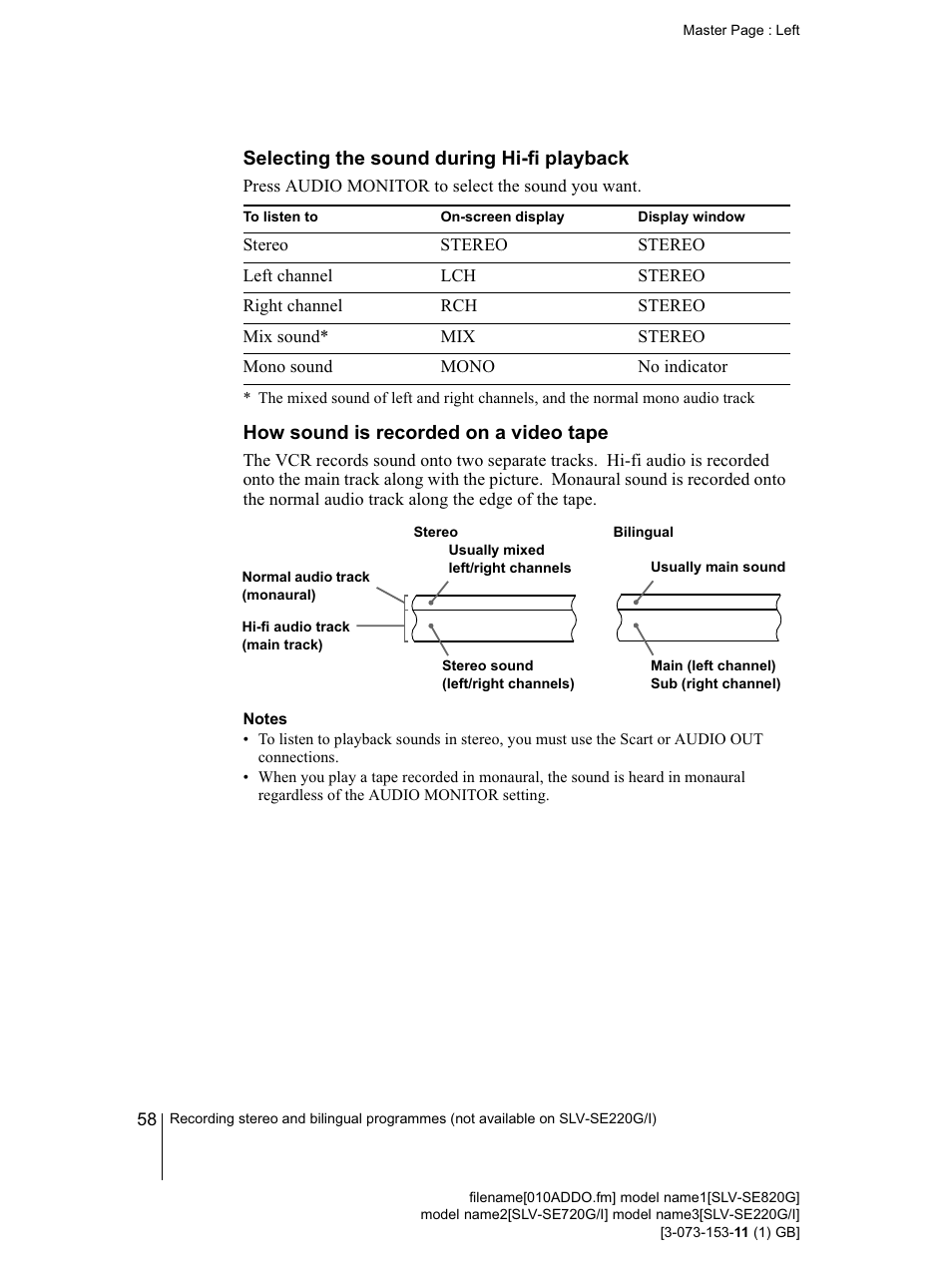 Selecting the sound during hi-fi playback, How sound is recorded on a video tape, Notes | Sony SLV-SE220G User Manual | Page 58 / 76
