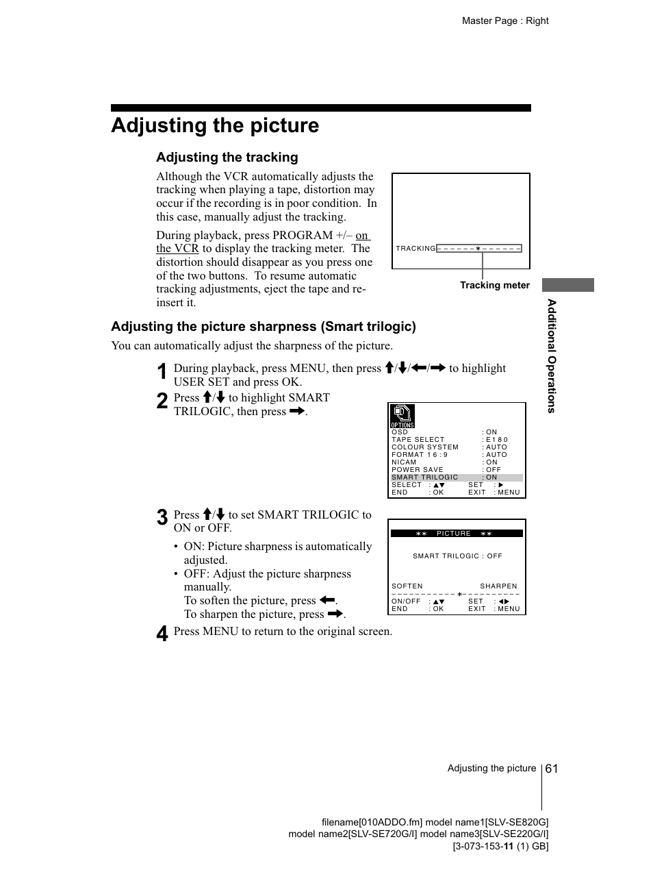 Adjusting the picture, Adjusting the tracking, Adjusting the picture sharpness (smart trilogic) | Adjustingthepicture 61 | Sony SLV-SE220G User Manual | Page 61 / 76