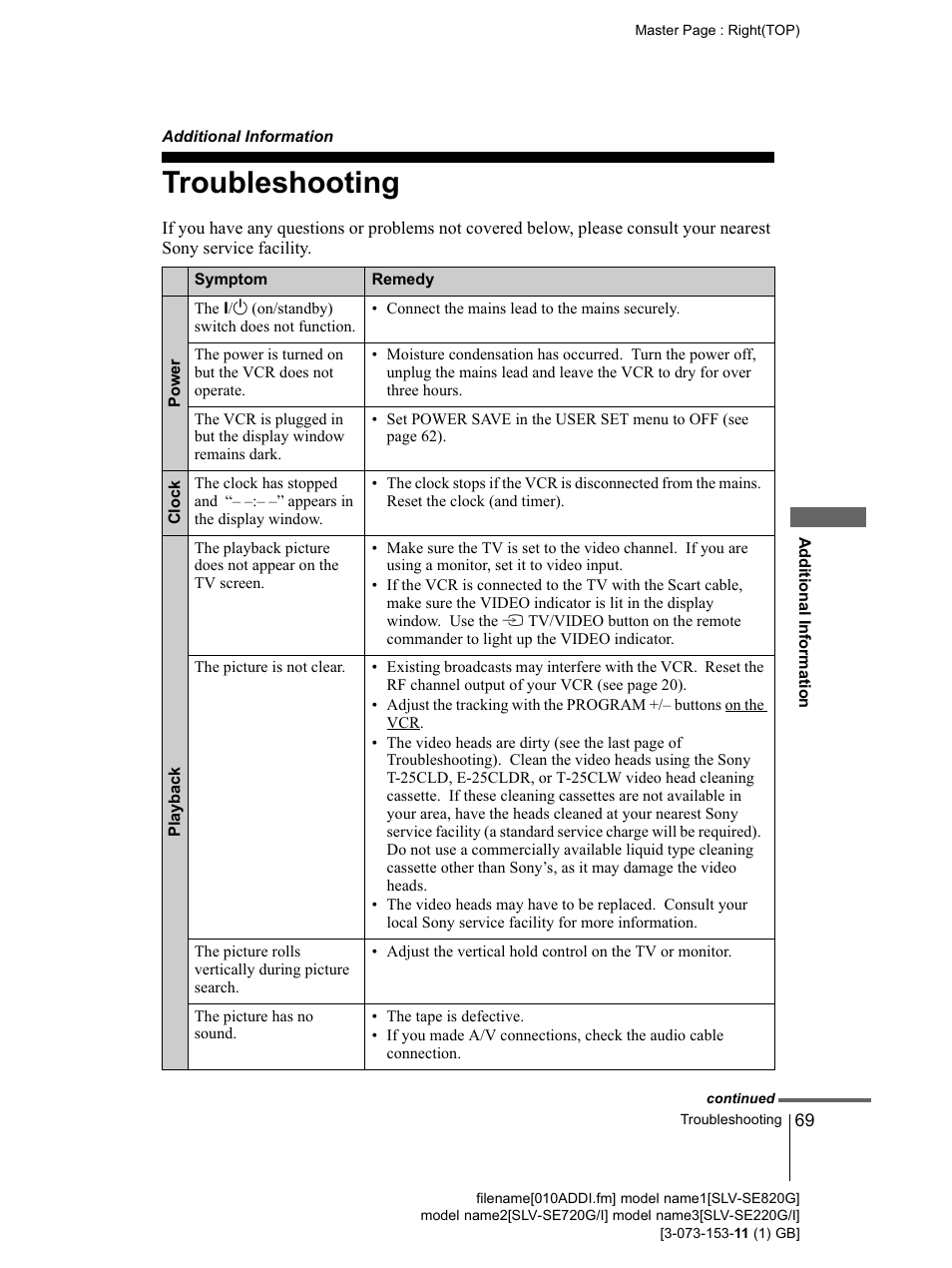 Troubleshooting, Additionai information, 69 troubleshooting | Sony SLV-SE220G User Manual | Page 69 / 76