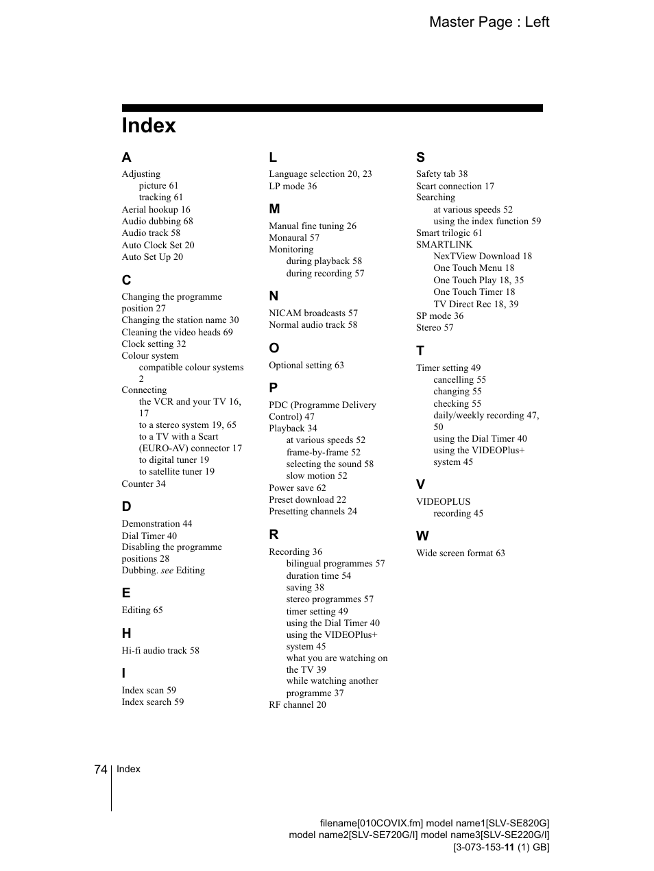 Index, 74 index | Sony SLV-SE220G User Manual | Page 74 / 76