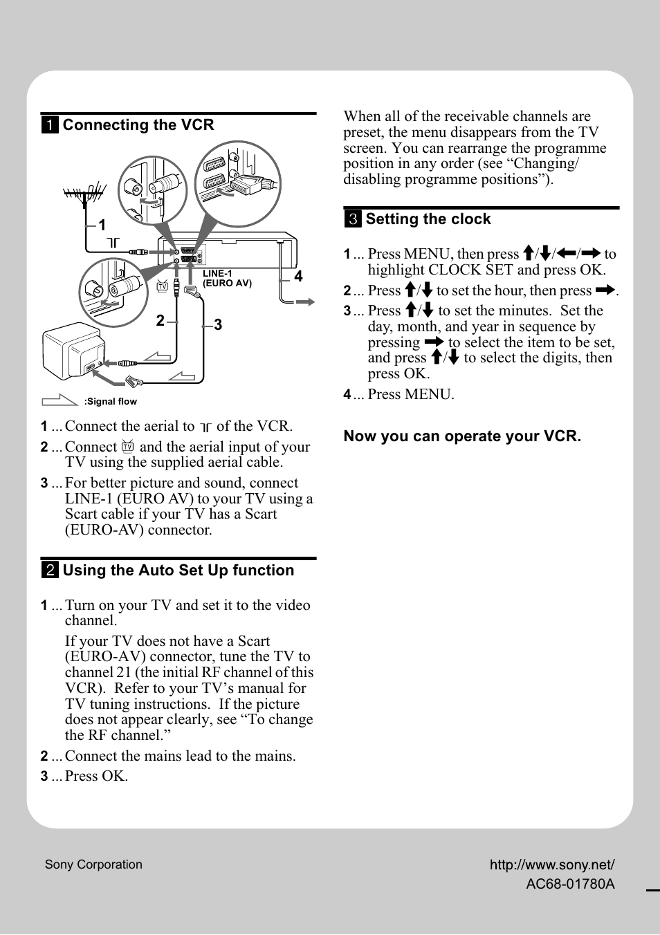 I connecting the vcr, 3 setting the clock, Now you can operate your vcr | 2 using the auto set up function, Http://www.sony.net, Quick start guide | Sony SLV-SE220G User Manual | Page 76 / 76