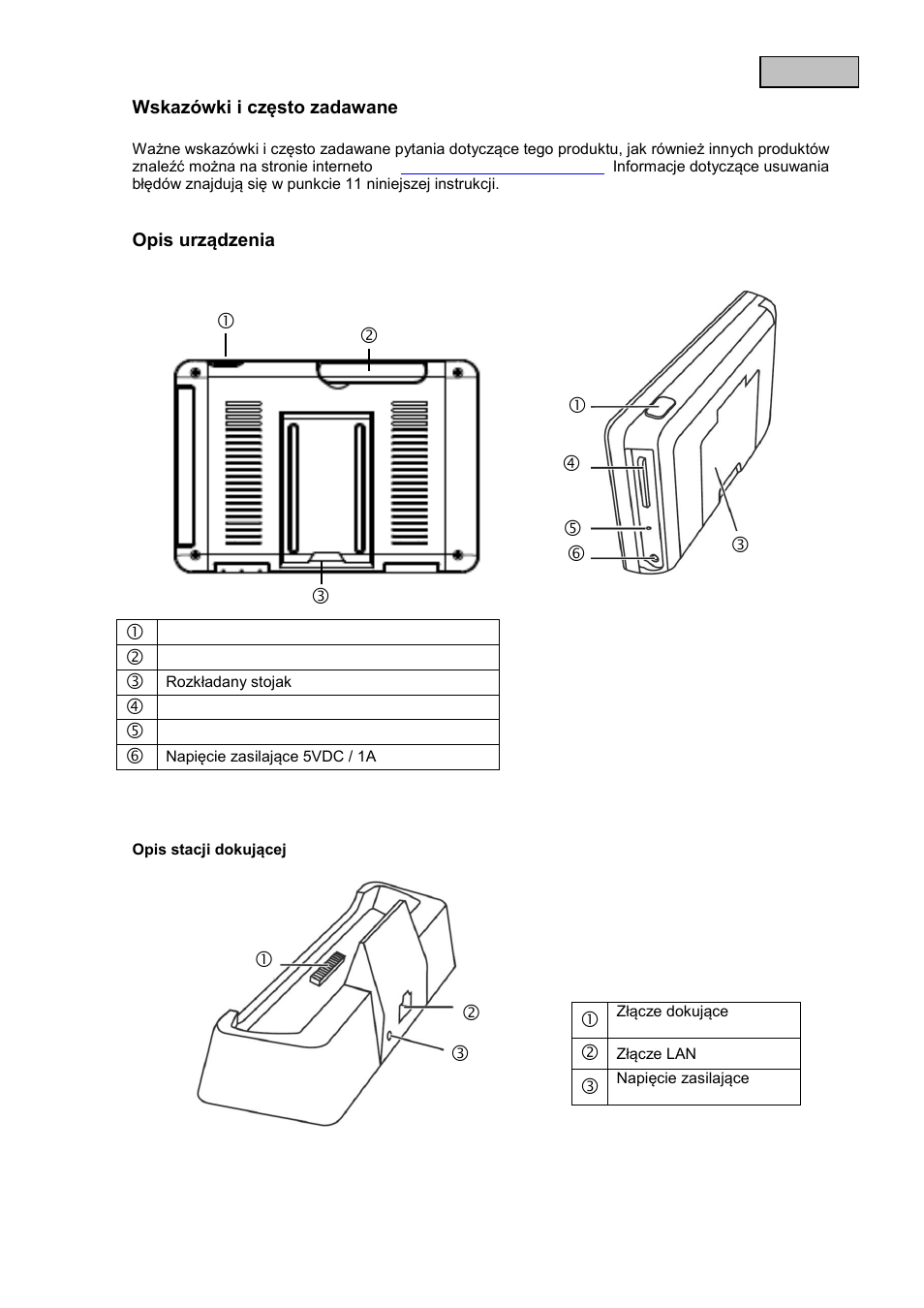 Wskaz, Ówki i często zadawane, Opis urządzenia | Opis monitora, Opis stacji dokującej | ABUS TVAC16000B User Manual | Page 43 / 139