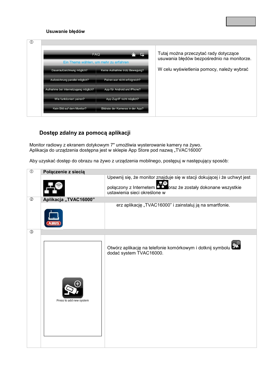 Usuwanie błędów (faq), Dostęp zdalny za pomocą aplikacji | ABUS TVAC16000B User Manual | Page 62 / 139