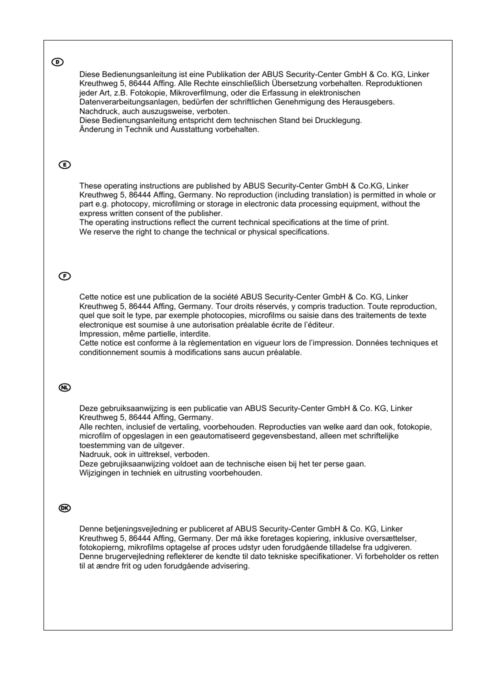 D impressum, E imprint, Nl impressum | ABUS TVAC21000 User Manual | Page 98 / 98