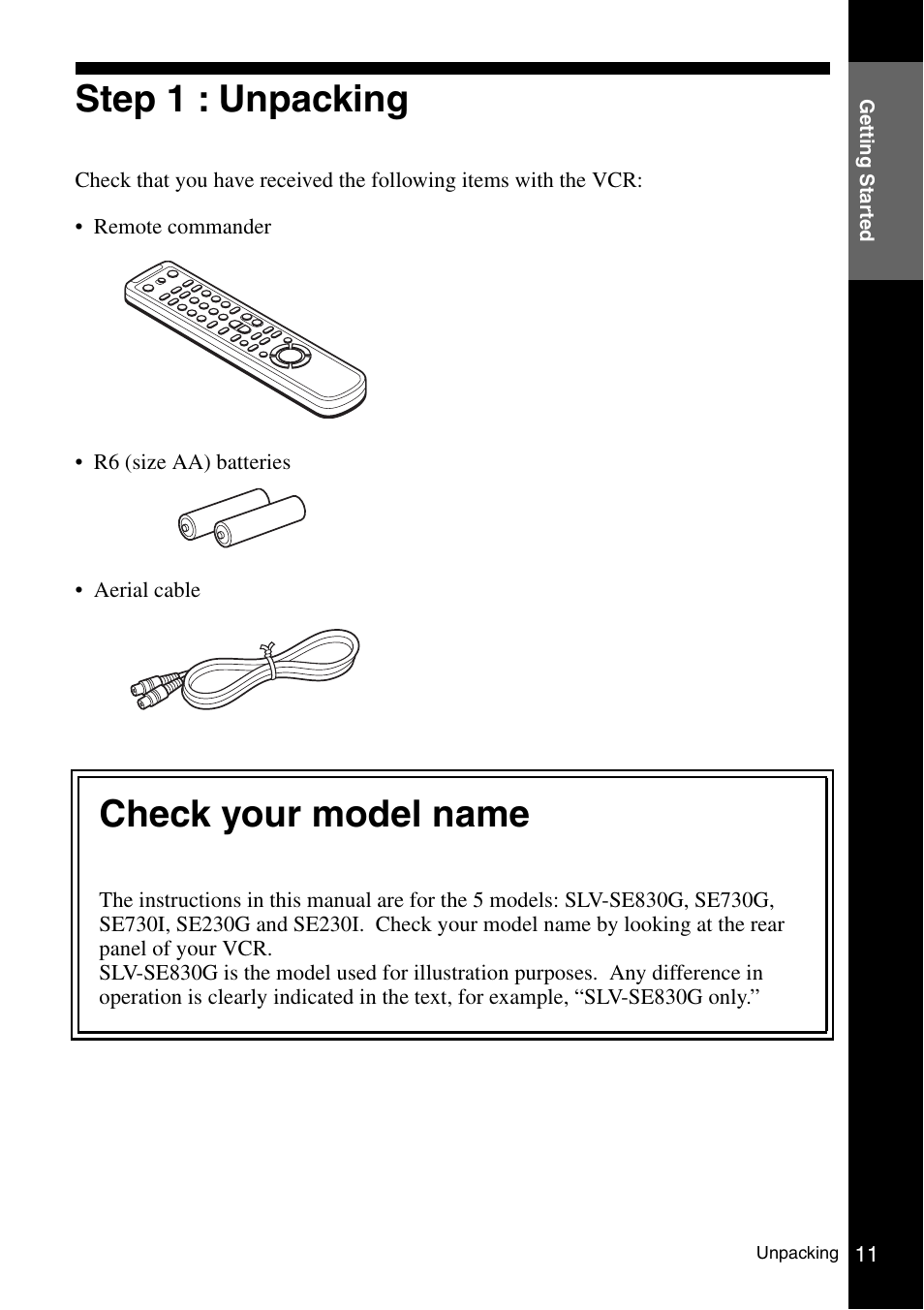 Step 1 : unpacking, 11 s, Check your model name | Sony SLV-SE230G User Manual | Page 11 / 76