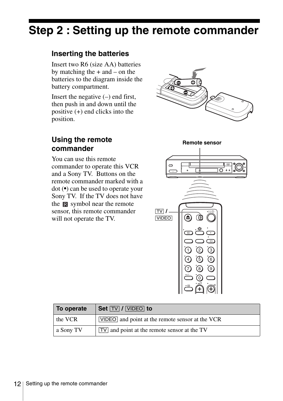 Step 2 : setting up the remote commander, 12 st, R (12) | Te sensor (12), Inserting the batteries, Using the remote commander | Sony SLV-SE230G User Manual | Page 12 / 76