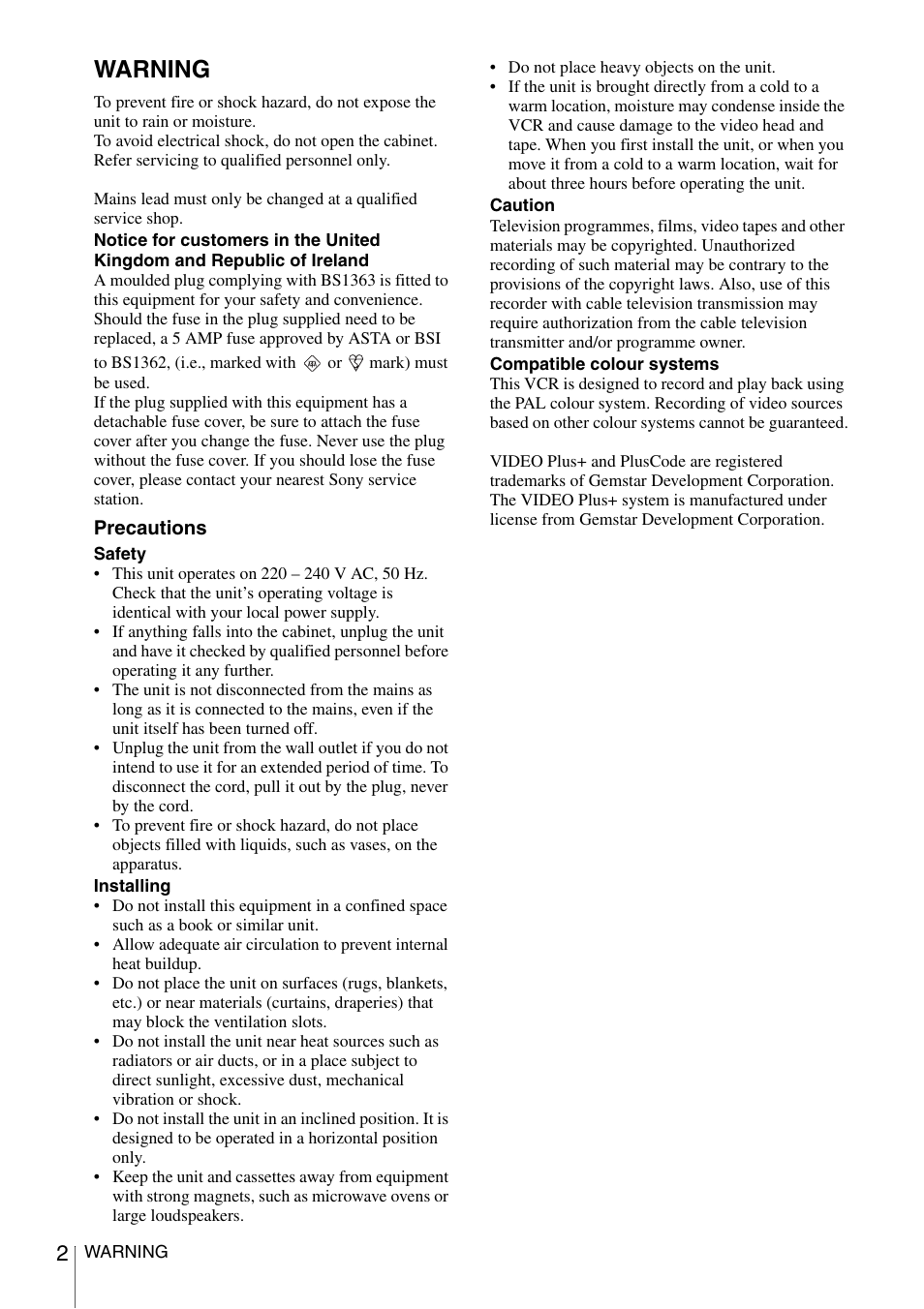 Warning | Sony SLV-SE230G User Manual | Page 2 / 76