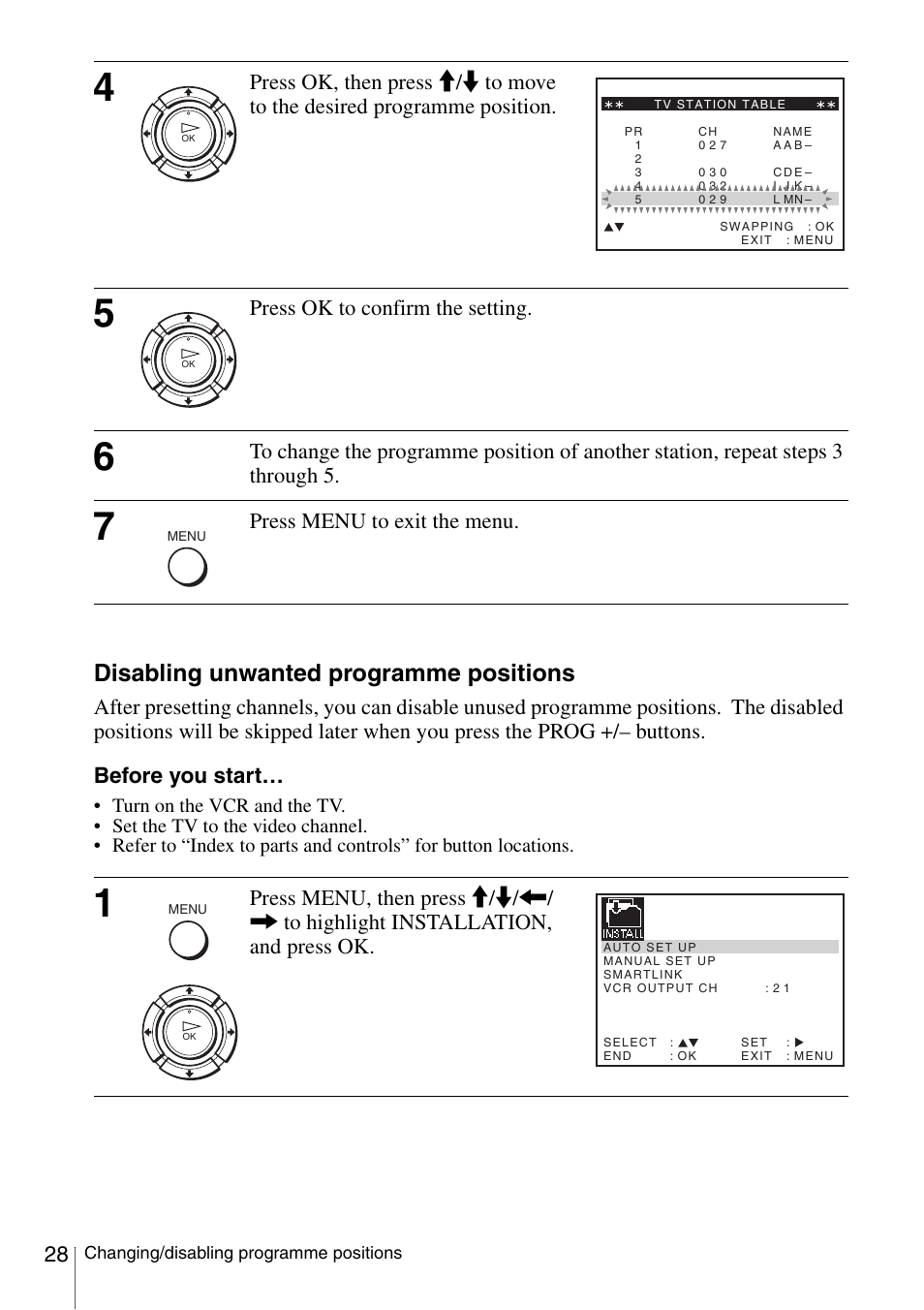 Disabling unwanted programme positions, Press ok to confirm the setting, Press menu to exit the menu | Sony SLV-SE230G User Manual | Page 28 / 76