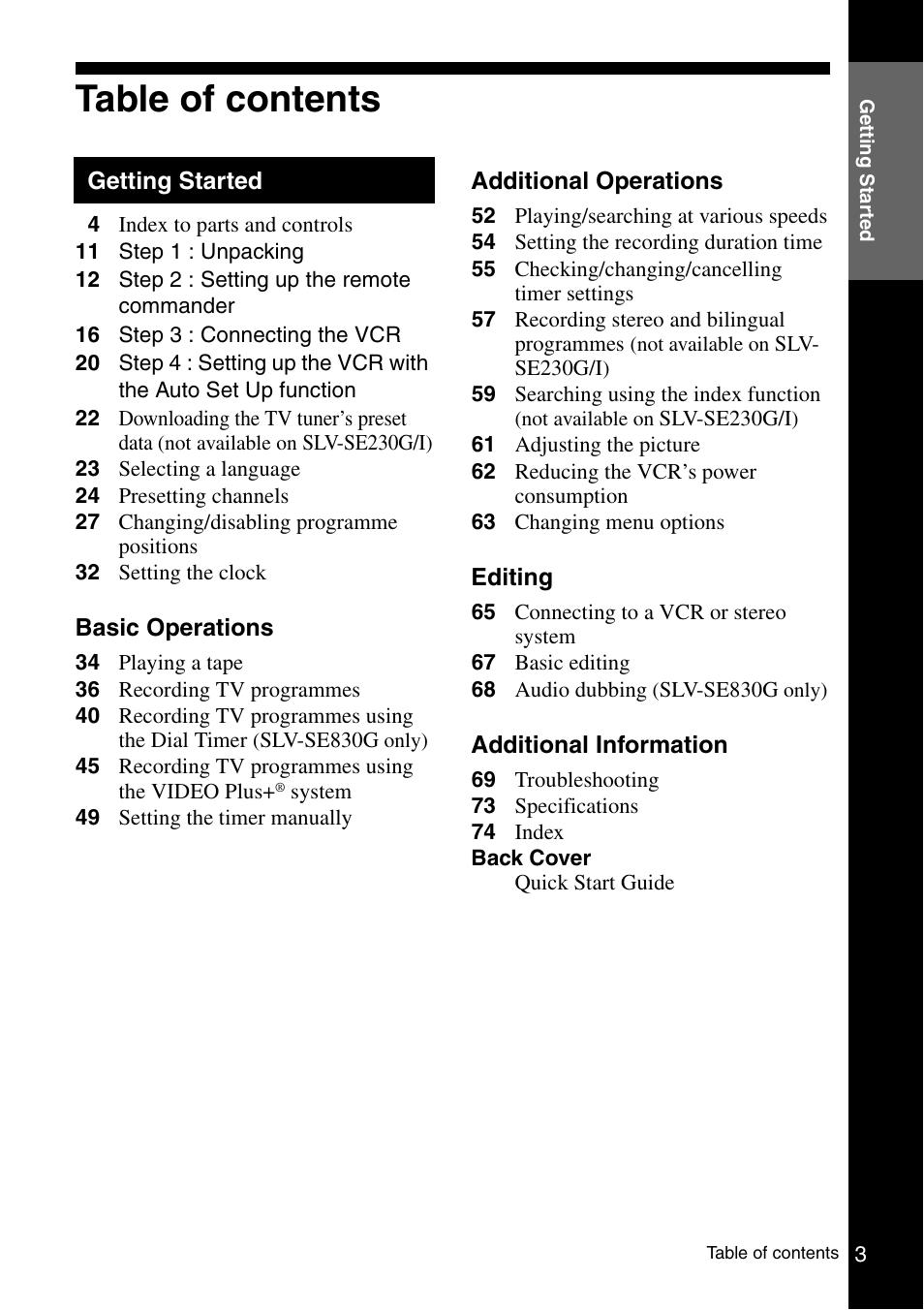 Sony SLV-SE230G User Manual | Page 3 / 76