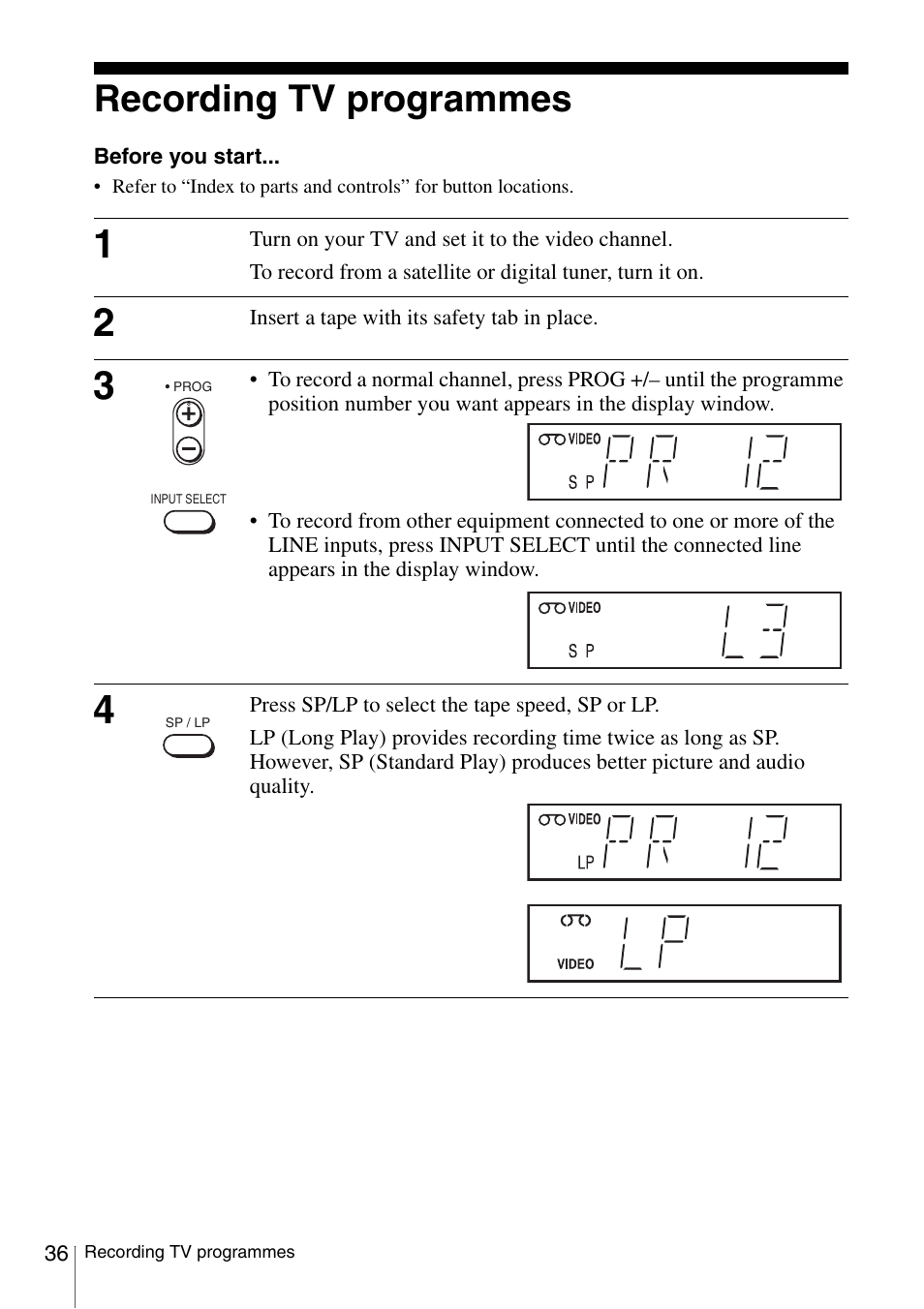Recording tv programmes, Pe speed indicators (36), On (36) | Tton (36) | Sony SLV-SE230G User Manual | Page 36 / 76