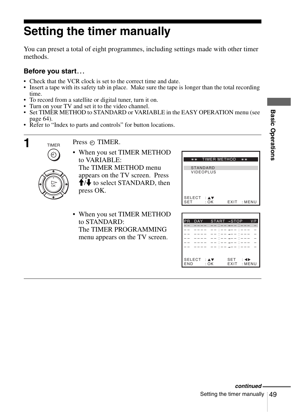Setting the timer manually, Press, Basic opera tions | Continued | Sony SLV-SE230G User Manual | Page 49 / 76