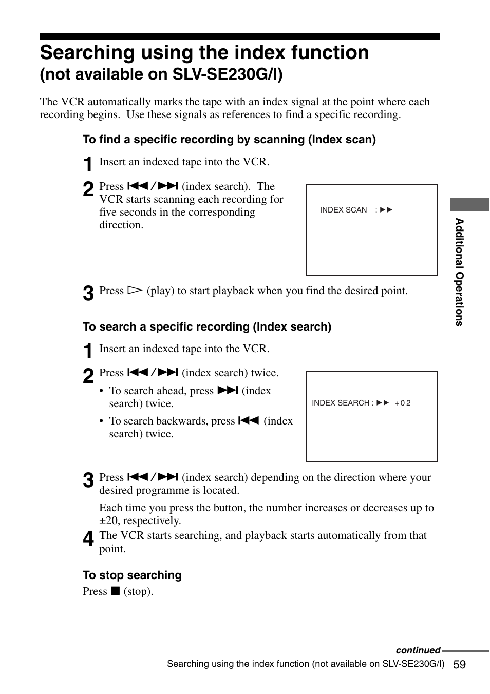 Searching, Searching using the index function, Not available on slv-se230g/i) | Sony SLV-SE230G User Manual | Page 64 / 76