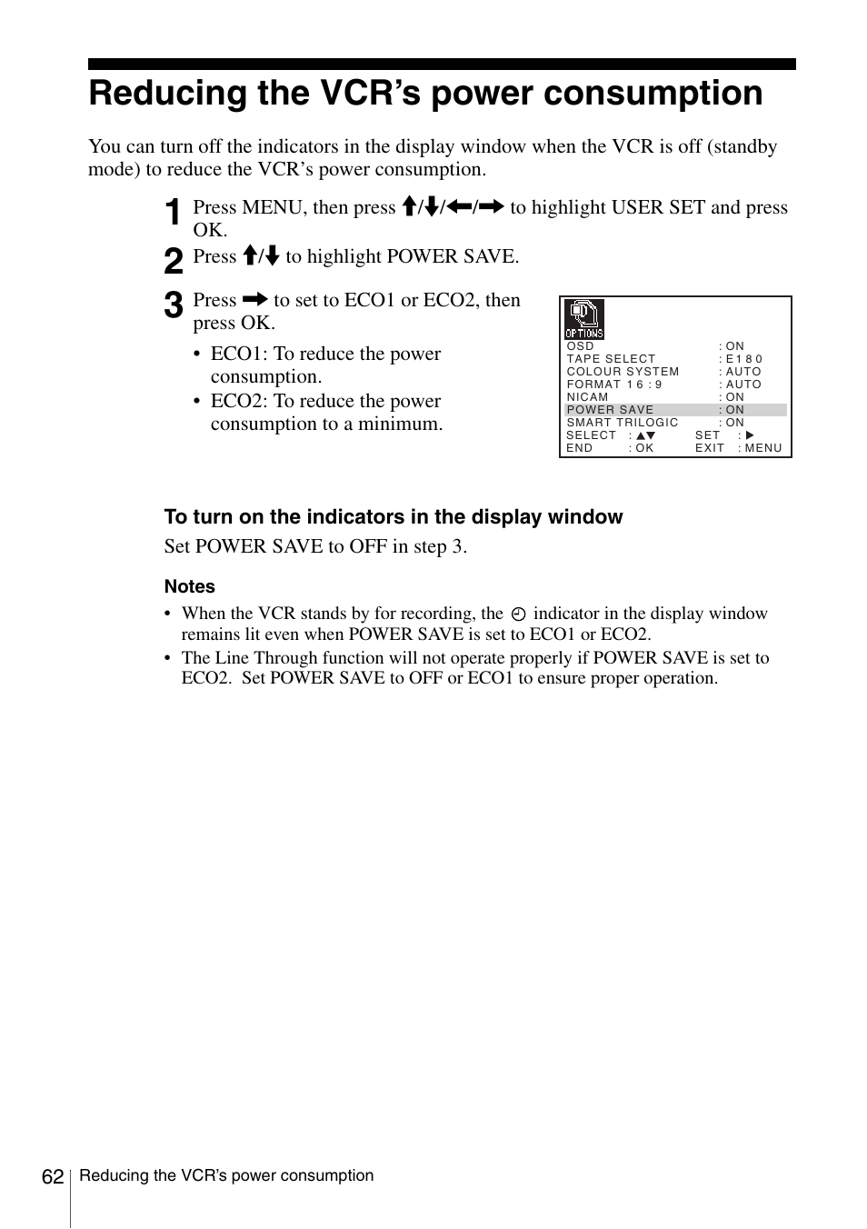 Reducing the vcr’s power consumption, Reducin, Press m/m to highlight power save | Sony SLV-SE230G User Manual | Page 67 / 76