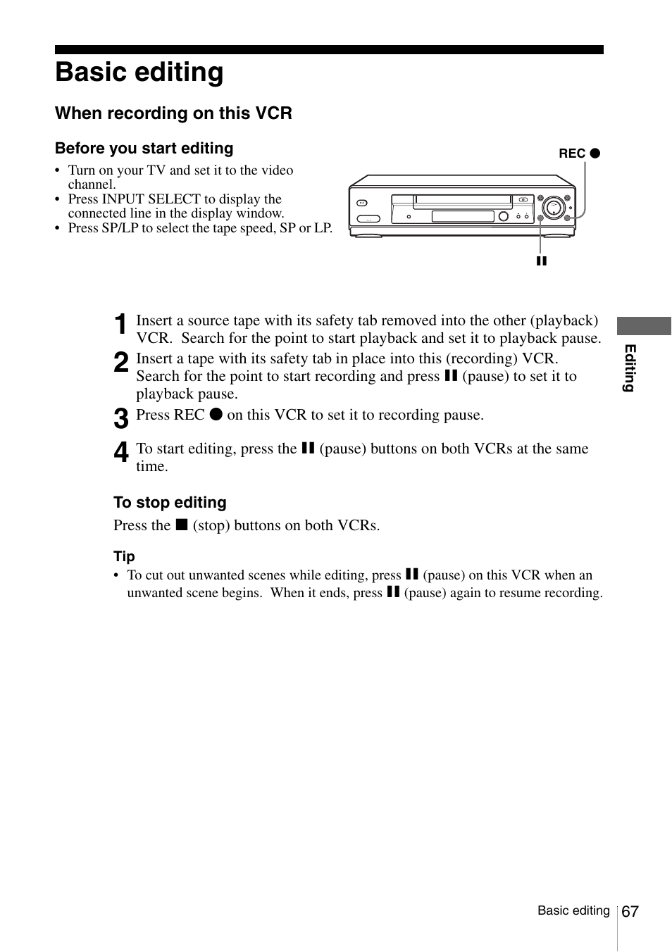 Basic editing | Sony SLV-SE230G User Manual | Page 72 / 76