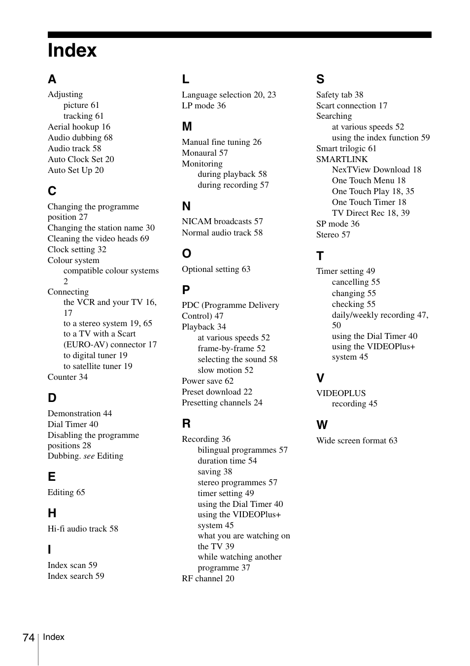 Index | Sony SLV-SE230G User Manual | Page 74 / 76