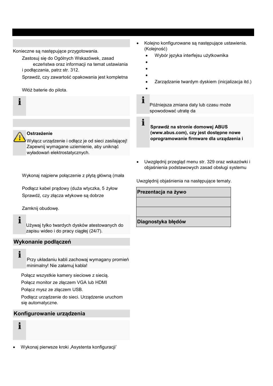 Skrócona instrukcja, Zanim zaczniesz, Instalacja twardego dysku | Wykonanie podłączeń, Konfigurowanie urządzenia | ABUS TVHD80110 Operating instructions User Manual | Page 302 / 408