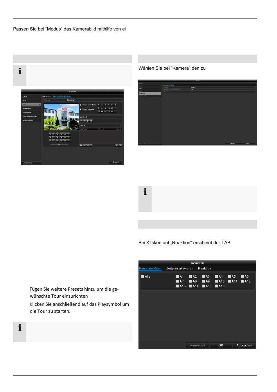 Speichern und aufrufen von presets, Einrichten und aufrufen von touren, Konfiguration | Bewegung, Reaktion | ABUS TVVR45030 Operating instructions User Manual | Page 54 / 508