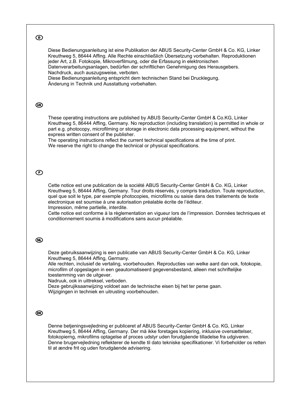 D impressum, Uk imprint, Nl impressum | ABUS TVAC17000 User Manual | Page 48 / 48