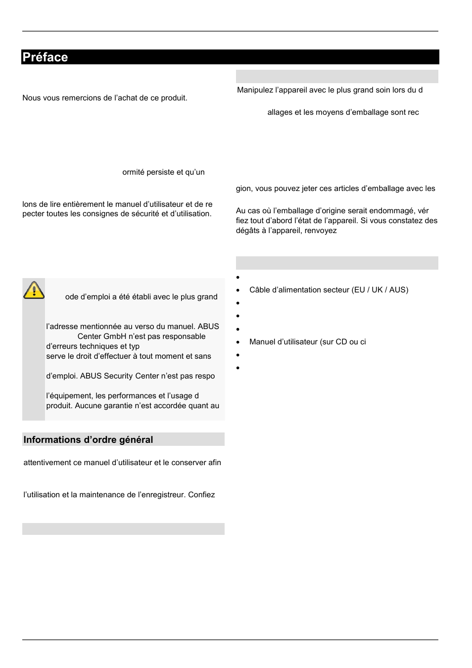 Préface, Informations d’ordre général, Déballage | Contenu de la livraison | ABUS TVVR60021 User Manual | Page 212 / 394