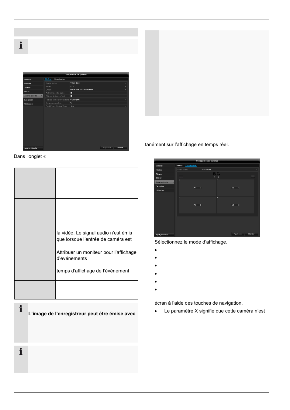 Configuration de la sortie caméra, Mode live, Réglages | ABUS TVVR60021 User Manual | Page 220 / 394