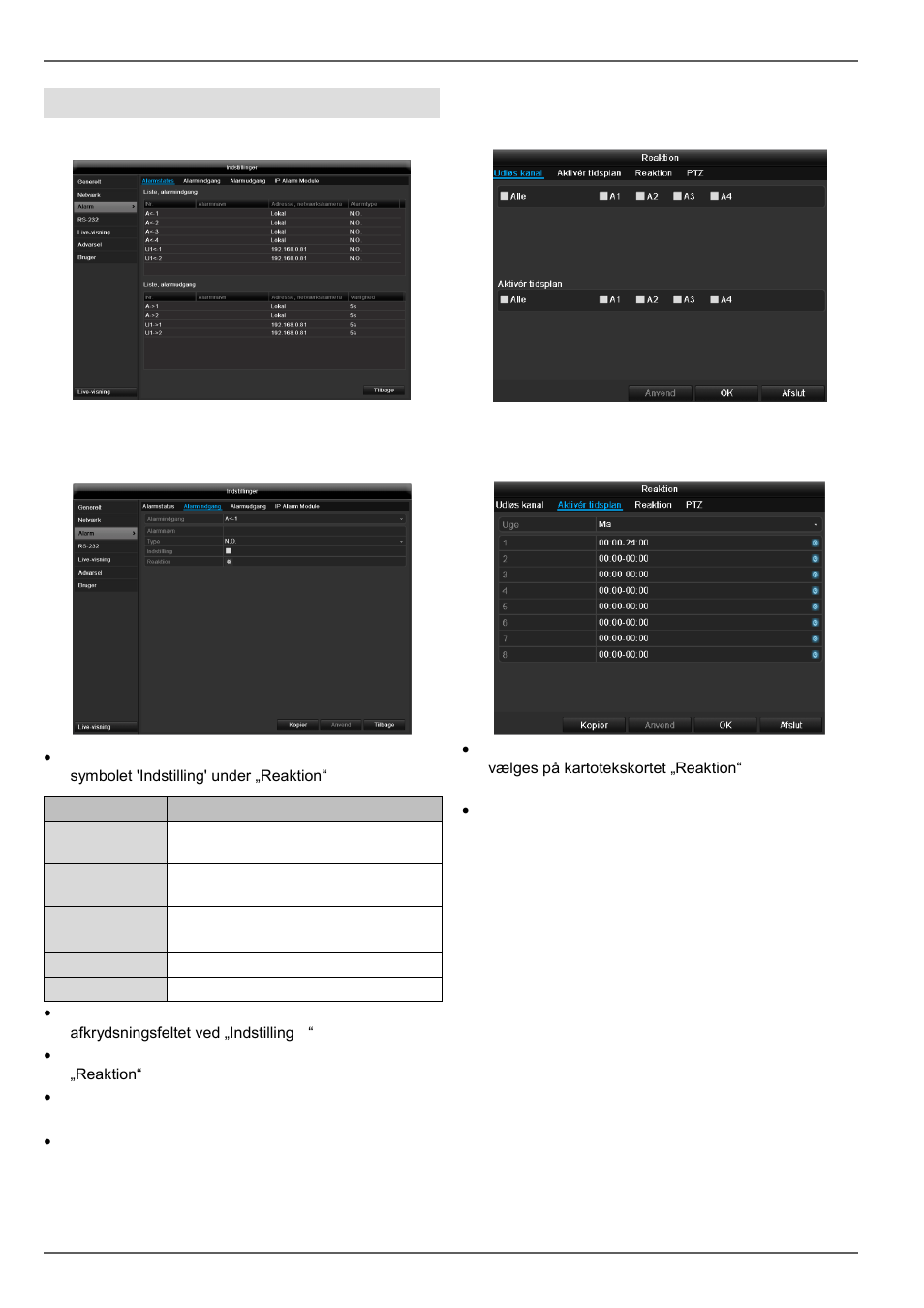 Konfigurering, Alarm alarmstatus, Alarmindgang | Reaktion | ABUS TVVR60021 User Manual | Page 297 / 394