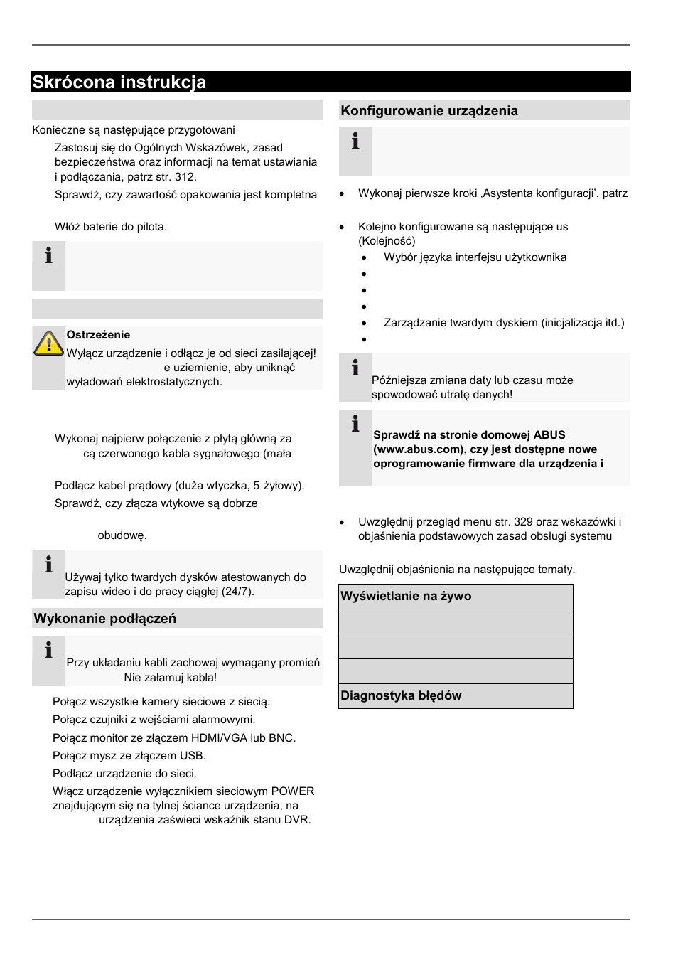 Skrócona instrukcja, Zanim zaczniesz, Instalacja twardego dysku | Wykonanie podłączeń, Konfigurowanie urządzenia | ABUS TVVR60021 User Manual | Page 335 / 394